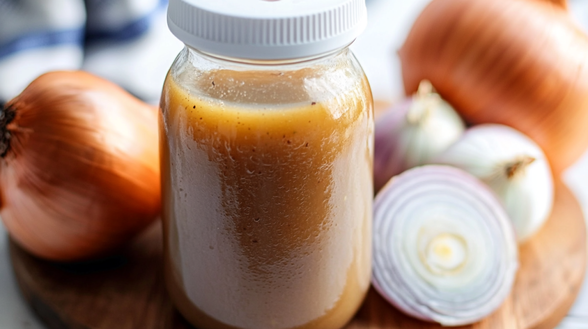Homemade Subway Sweet Onion Sauce in a glass jar surrounded by fresh onions
