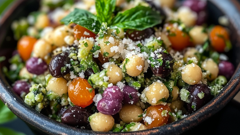 Greek Cowgirl Caviar in a rustic dark bowl with chickpeas, colorful olives, cherry tomatoes, diced cucumber, fresh herbs, and crumbled feta cheese garnished with fresh min