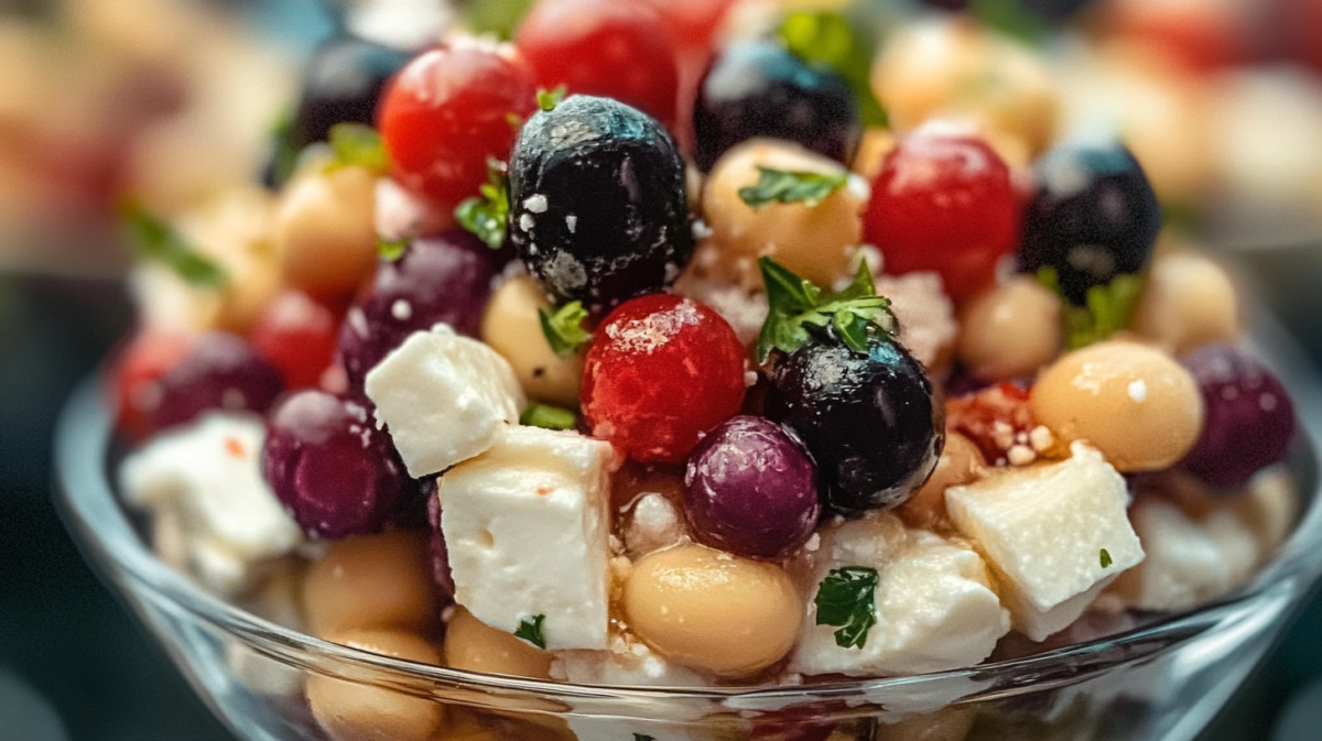Close-up of Greek Cowgirl Caviar with chickpeas, cherry tomatoes, black olives, feta cheese, and fresh herbs in a glass bowl