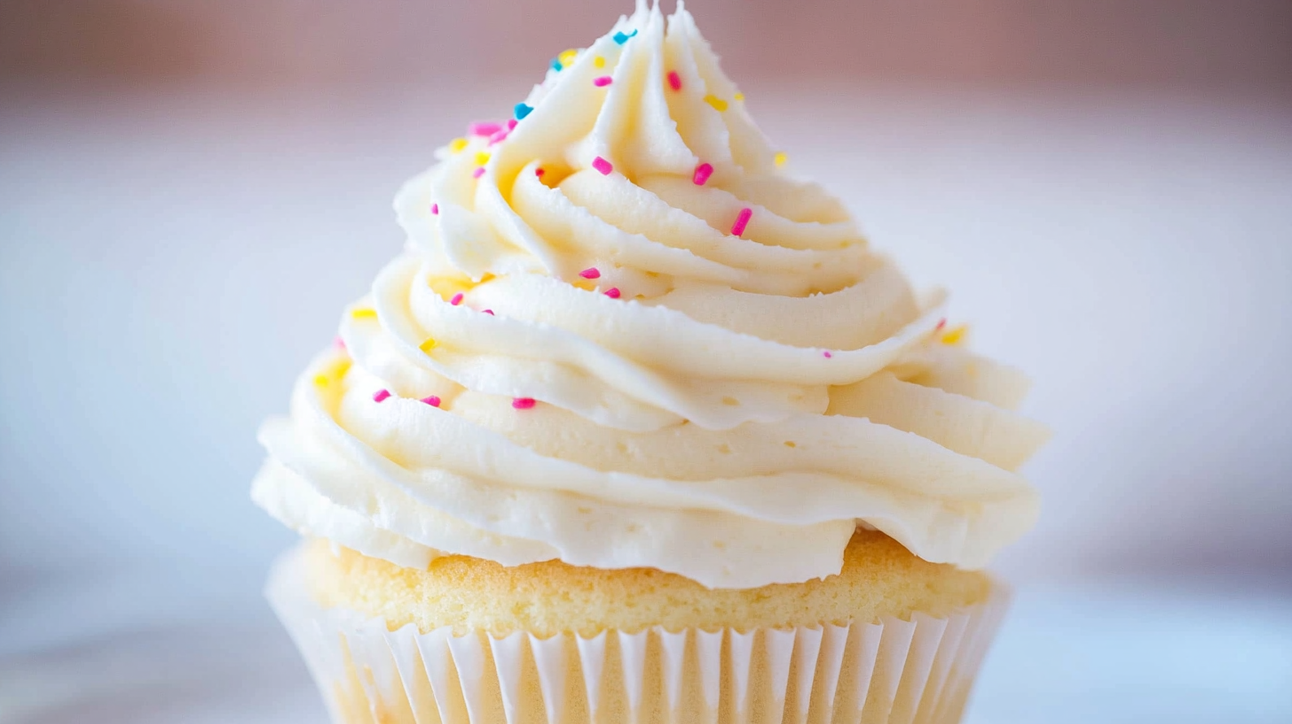 Vanilla cupcake with swirled Cool Whip pudding frosting topped with colorful sprinkles