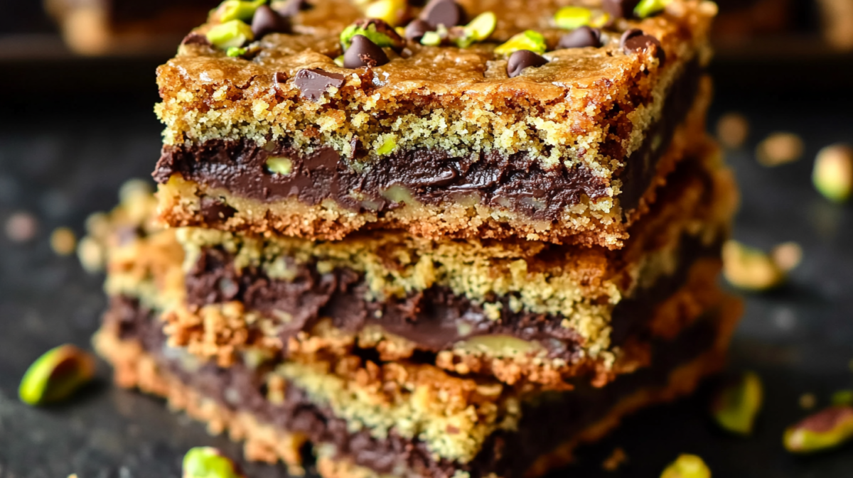 Stack of brown butter pistachio chocolate chip cookie bars with melted chocolate layer and green pistachios on dark background
