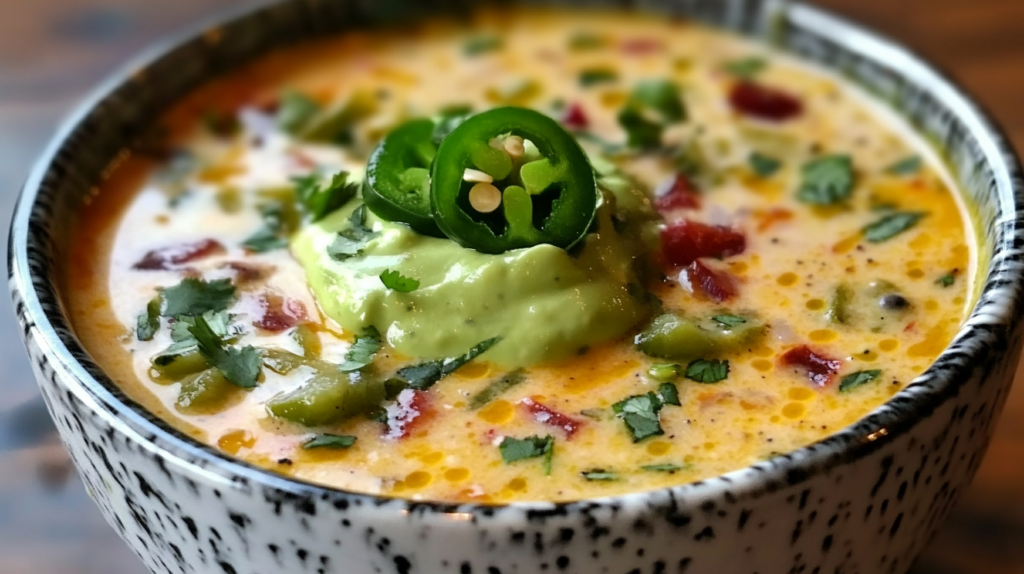 Close-up of jalapeño popper soup in a speckled ceramic bowl, topped with avocado cream and fresh jalapeño slices