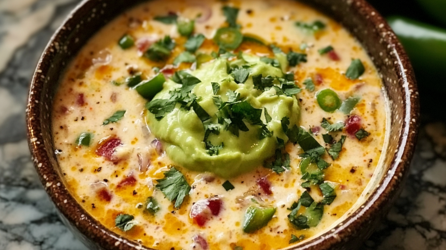 Creamy jalapeño popper soup topped with avocado cream, fresh cilantro, and diced jalapeños in a rustic ceramic bowl on marble surface