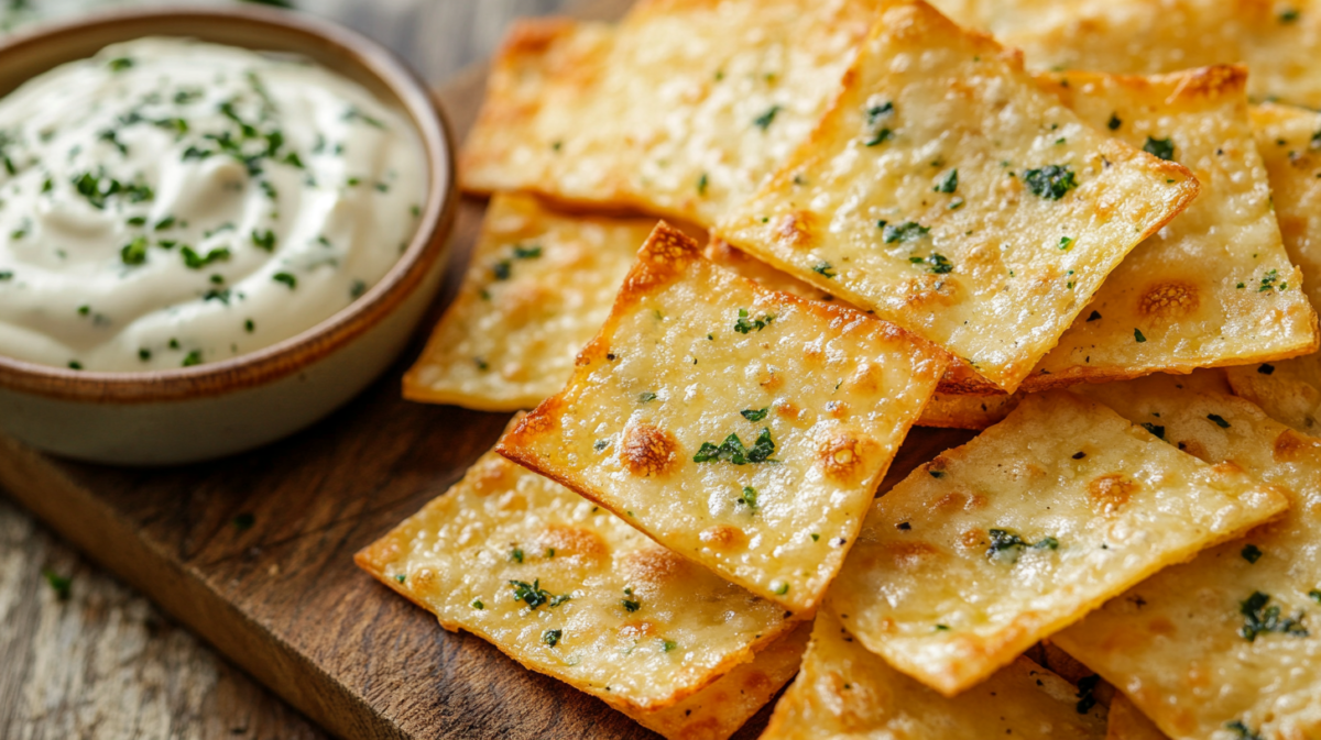 Homemade crispy cheese crackers with herbs served with a creamy dip on a wooden board