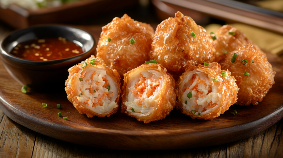 Golden, crispy Crab Rangoon Bombs with a creamy crab and cheese filling, garnished with chopped green onions and served with a side of sweet chili sauce on a wooden platter.