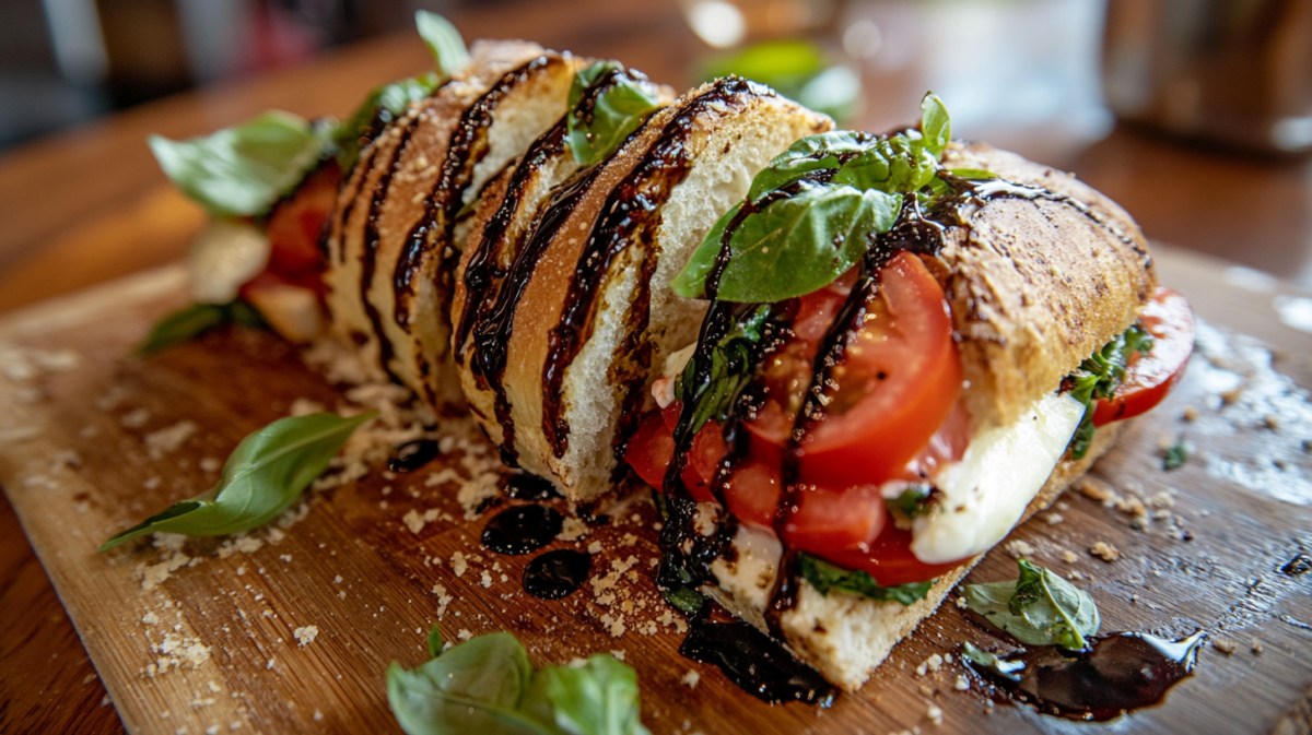 omato, basil, and balsamic glaze on toasted bread