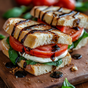Fresh Caprese sandwich with mozzarella, tomato, basil, and balsamic glaze on toasted bread