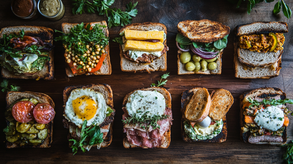 A variety of eight gourmet sandwiches on a rustic wooden table, showcasing diverse global ingredients like chickpeas, egg salad, roasted vegetables, and grilled meats.