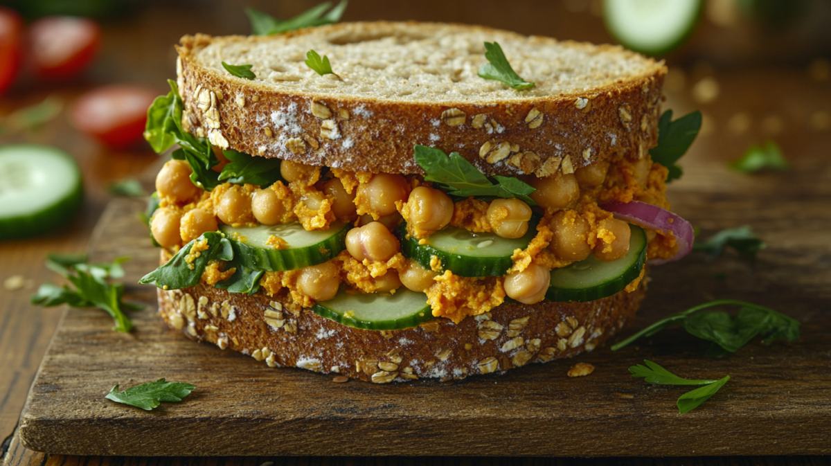 Spicy chickpea smash sandwich with cucumber slices and fresh herbs on whole grain bread, served on a rustic wooden board