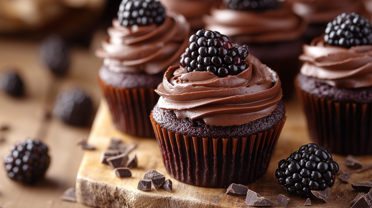 Dark Chocolate Blackberry Cupcakes with frosting and fresh berries