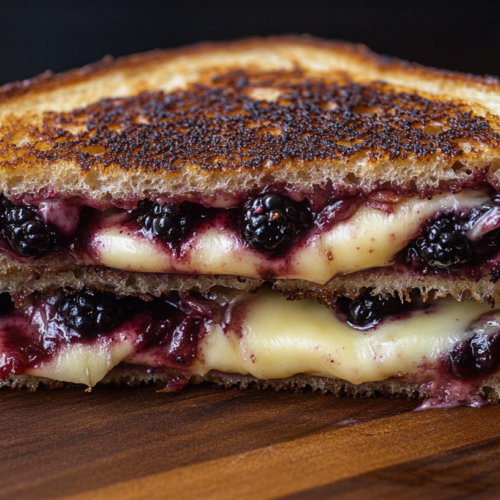 Close-up of a grilled cheese sandwich cut in half, showing melted cheese and whole blackberries oozing between perfectly toasted bread slices on a wooden cutting board