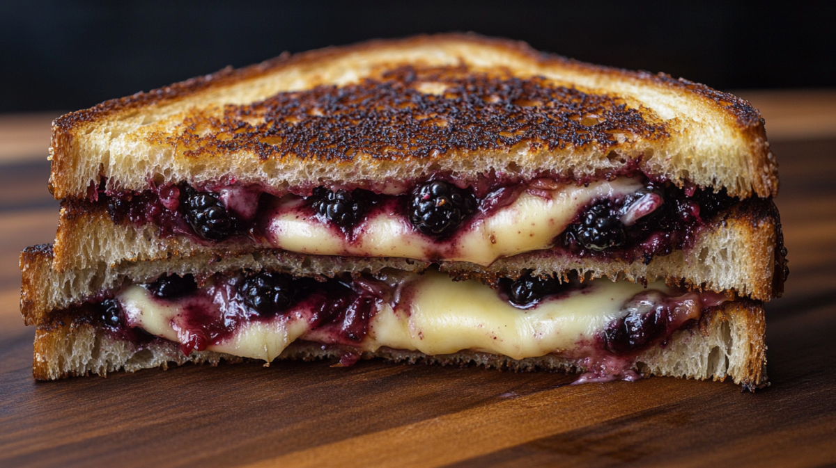 Close-up of a grilled cheese sandwich cut in half, showing melted cheese and whole blackberries oozing between perfectly toasted bread slices on a wooden cutting board