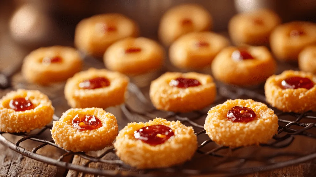 Freshly baked cheesy thumbprint appetizers topped with red pepper jelly arranged on a wire cooling rack