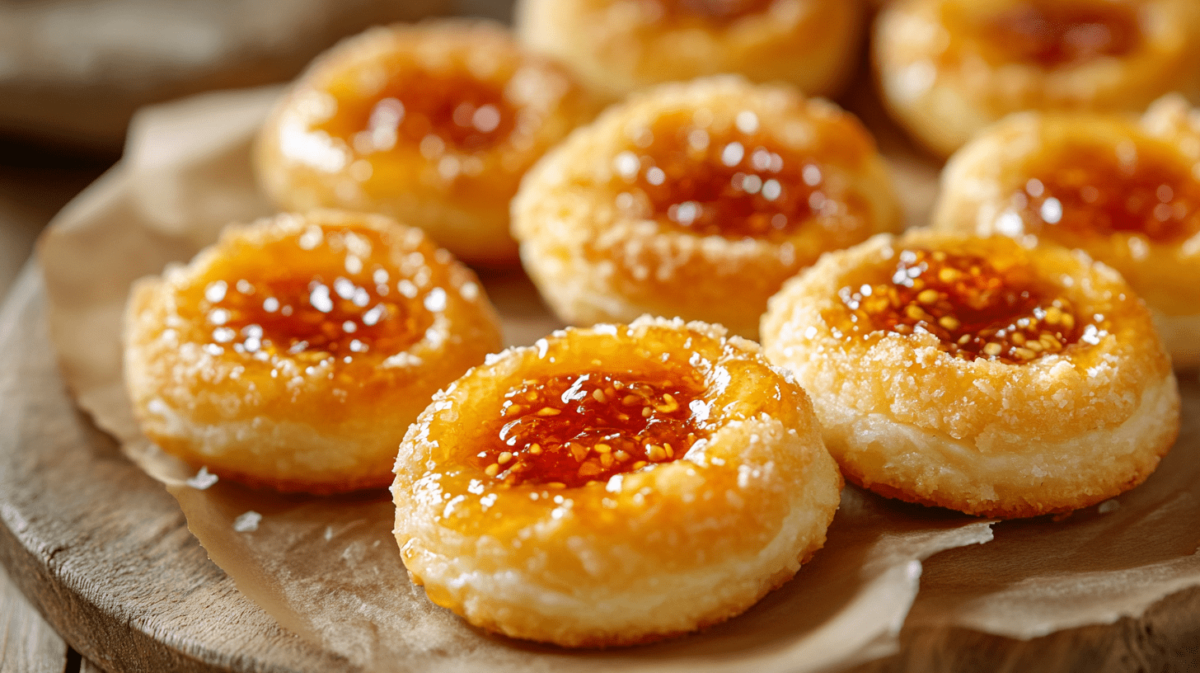 Golden cheesy thumbprint appetizers filled with orange-red hot pepper jelly arranged on a wooden serving board