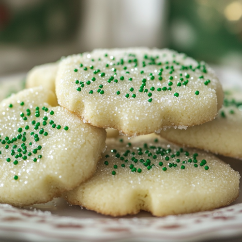 A plate of homemade Irish sugar cookies sprinkled with green sugar pearls, showcasing their soft texture and delicate sweetness.
