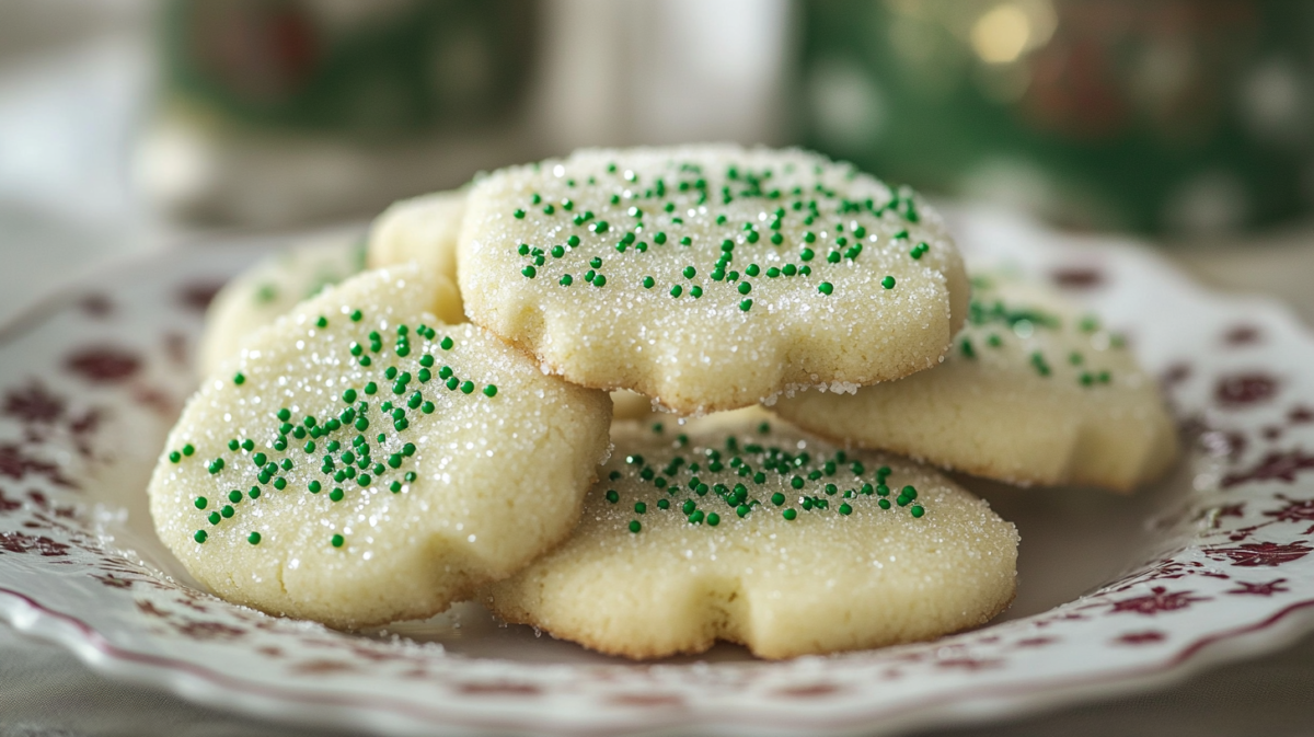 A plate of homemade Irish sugar cookies sprinkled with green sugar pearls, showcasing their soft texture and delicate sweetness.