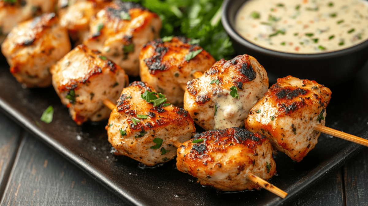 Juicy grilled chicken bites on wooden skewers with herb garnish and creamy garlic dipping sauce in a small black bowl