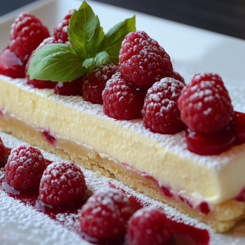 A rectangular lemon tart with a pale yellow filling and shortbread crust, topped with fresh raspberries and basil leaves, dusted with powdered sugar, and served on a white plate.