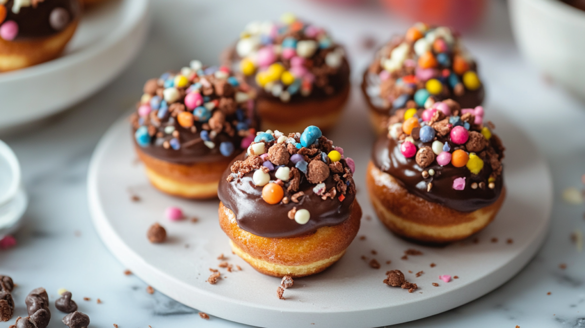 Mini chocolate-glazed donuts topped with colorful sprinkles and chocolate crumbles arranged on a white marble plate
