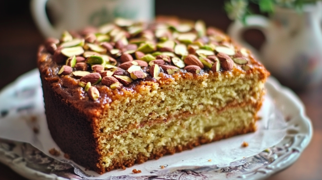 Sliced pistachio almond cake with glossy top and chopped nuts on decorative plate
