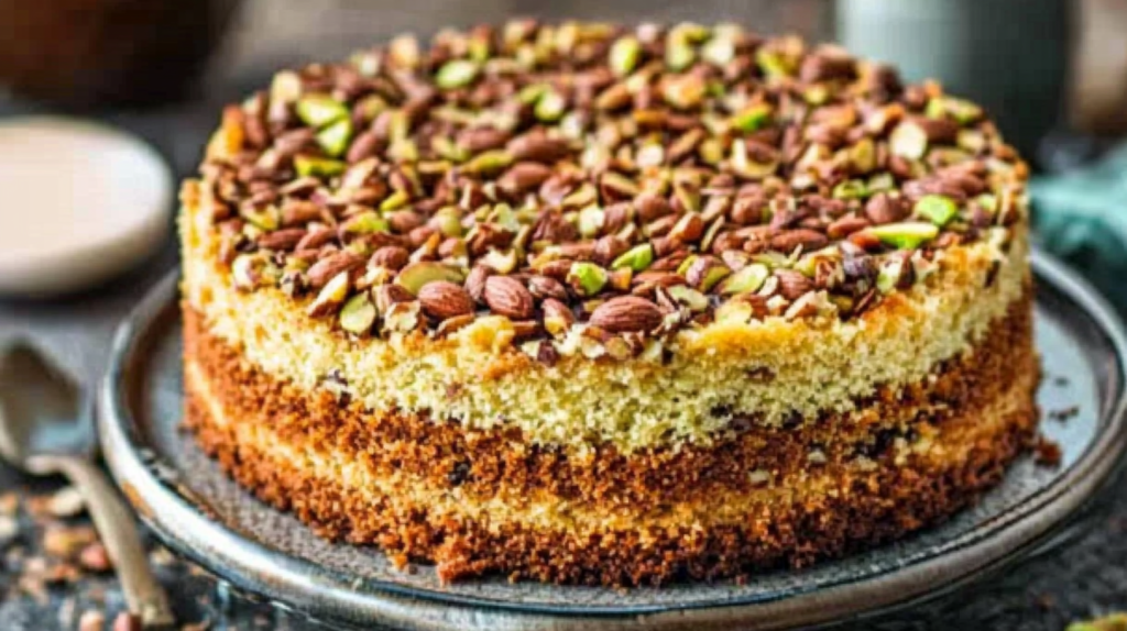 Pistachio almond cake with layered texture and nutty topping on a glass cake stand