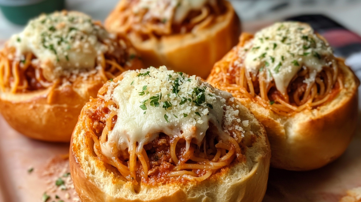 Personal spaghetti bread bowls with melted cheese and herbs, showing four golden bread rolls filled with pasta and meat sauce