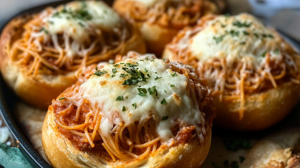 Freshly baked spaghetti bread bowls on a dark baking sheet, showing melted cheese and fresh herbs on top of pasta and meat sauce