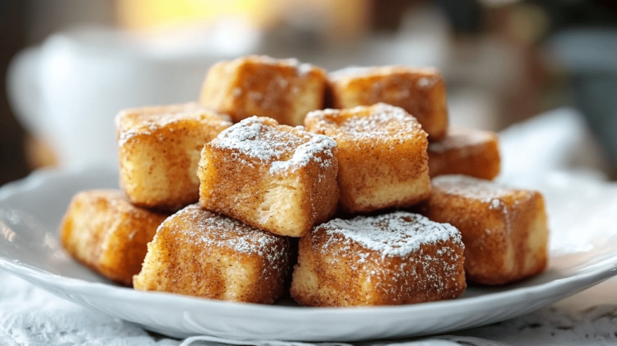 Golden brown Cinnamon Roll French Toast Bites stacked on a white plate, dusted with powdered sugar and cinnamon