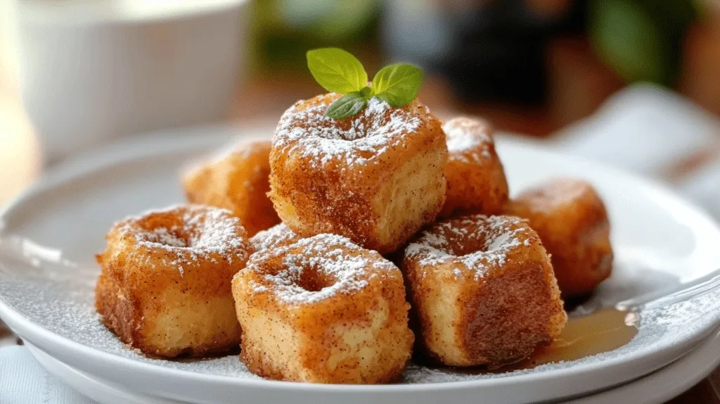 Cinnamon Roll French Toast Bites on a white plate, topped with powdered sugar and fresh mint leaves, with maple syrup visible on the plate