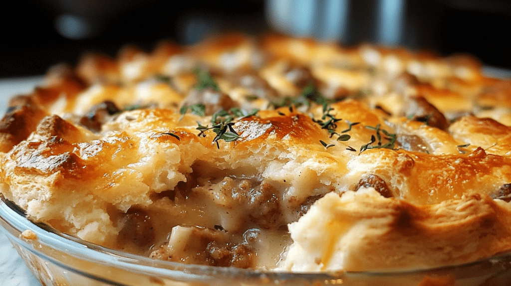Closeup of golden brown Sausage, Gravy, and Biscuit Pie in a glass baking dish with flaky biscuit top, creamy gravy, and sausage filling, garnished with fresh thyme