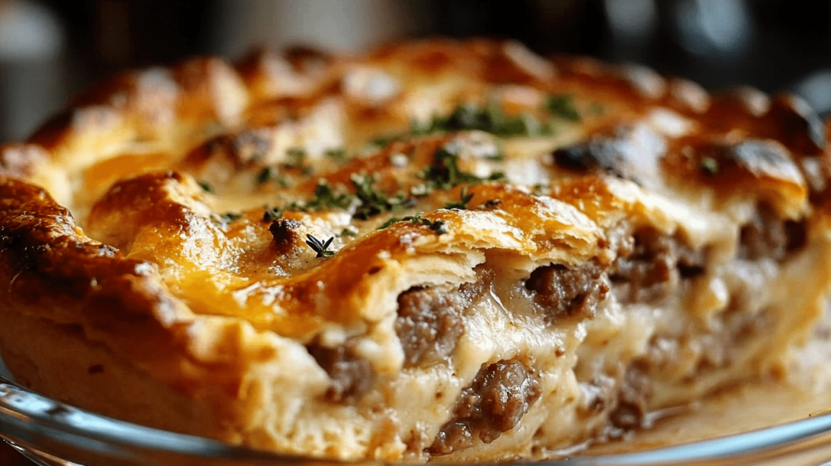 Close-up of golden brown Sausage, Gravy, and Biscuit Pie with flaky layers, savory meat filling, and creamy sauce garnished with fresh herbs