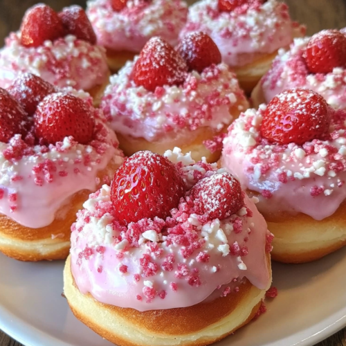 Strawberry glazed donuts topped with fresh strawberries and white crumble on a white plate
