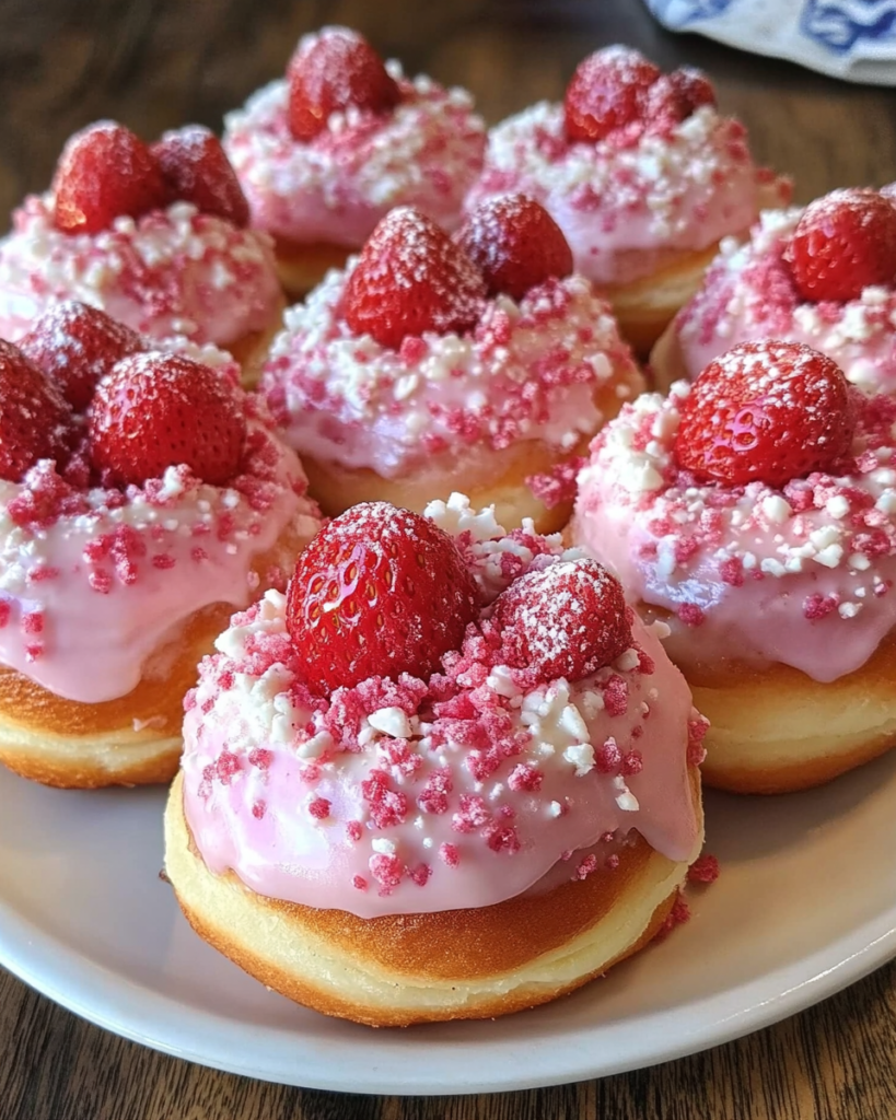 Strawberry glazed donuts topped with fresh strawberries and white crumble on a white plate