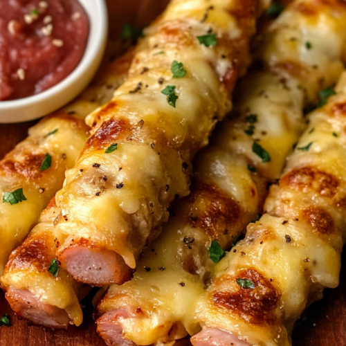 Crispy golden-brown chicken ham and cheese sticks served on a wooden plate with a side of marinara dipping sauce, garnished with fresh herbs.