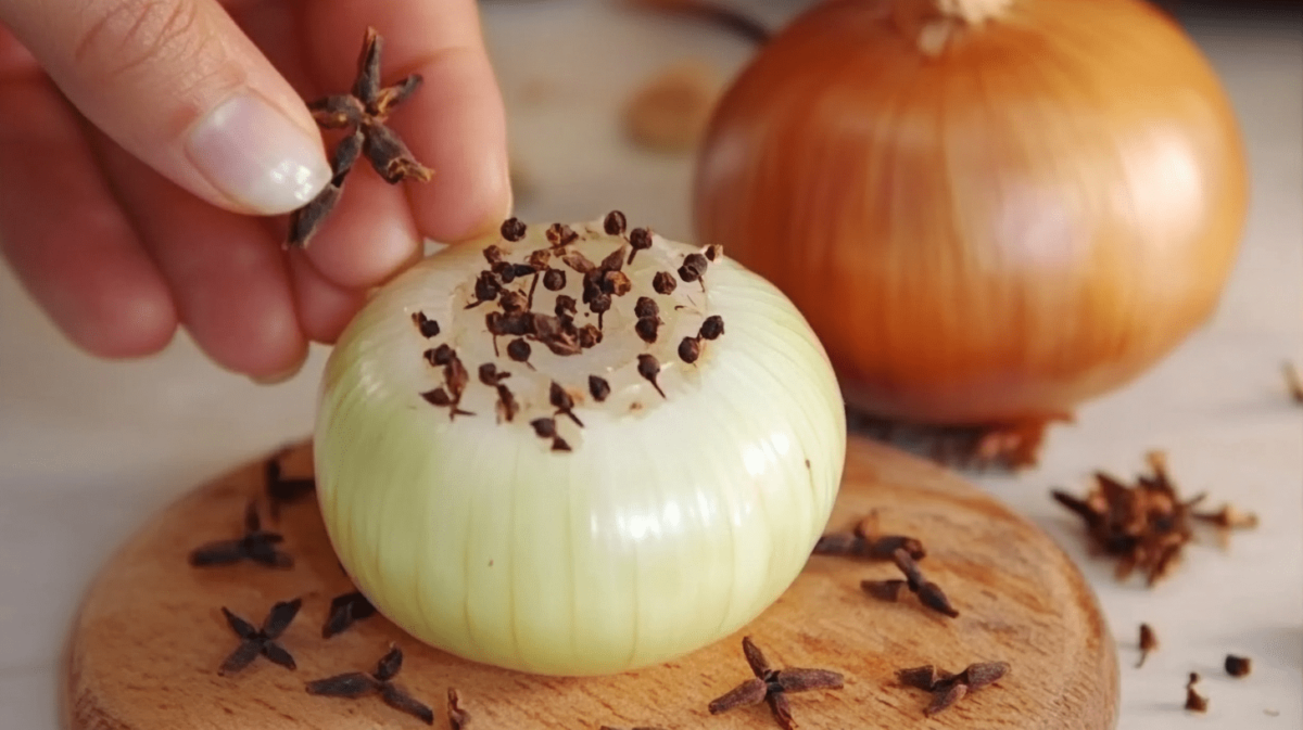 Hand placing cloves into a peeled white onion, with star anise and a yellow onion in the background