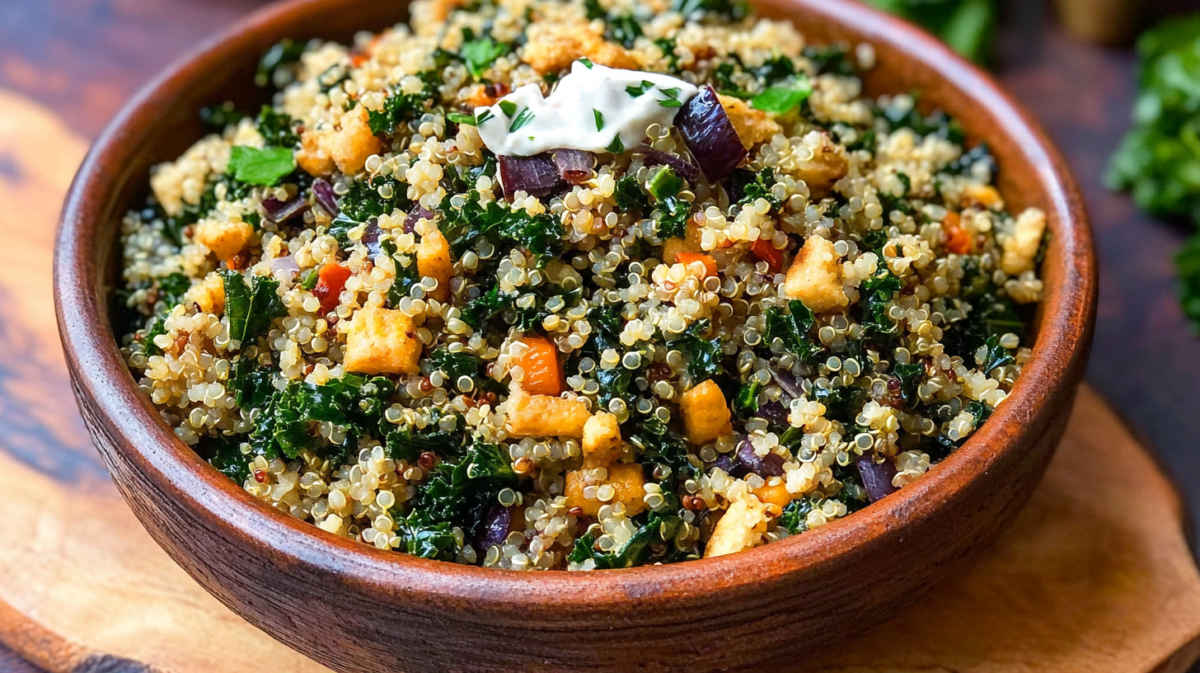 A wooden bowl filled with quinoa kale pilaf containing dark leafy greens, golden quinoa grains, orange carrots, purple onions, and tofu cubes, topped with a small dollop of white sauce.