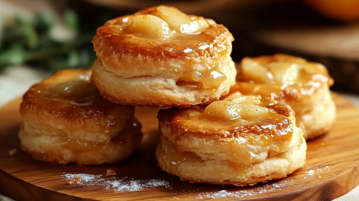 Stacked golden-brown apple pie biscuits on a wooden serving board, topped with caramelized apple pieces and syrup, with a light dusting of powdered sugar.