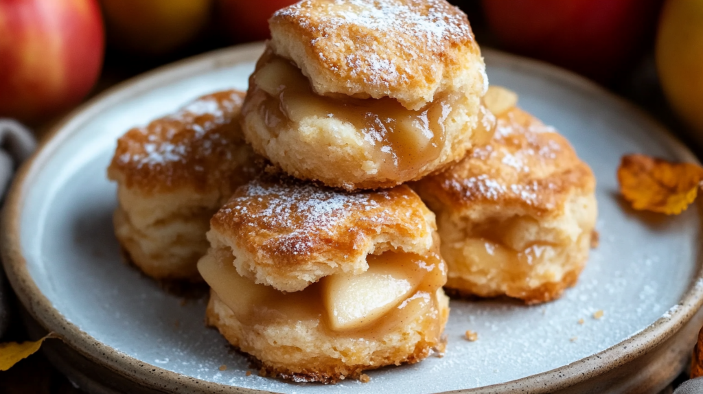 Four golden Apple Pie Biscuits stacked on a light blue ceramic plate, with visible apple filling and caramel sauce oozing out between layers, dusted with powdered sugar, with blurred apples visible in the background.