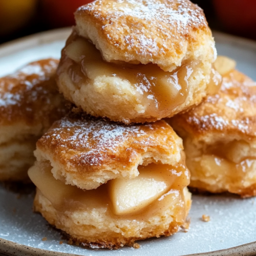 Four golden Apple Pie Biscuits stacked on a light blue ceramic plate, with visible apple filling and caramel sauce oozing out between layers, dusted with powdered sugar, with blurred apples visible in the background.