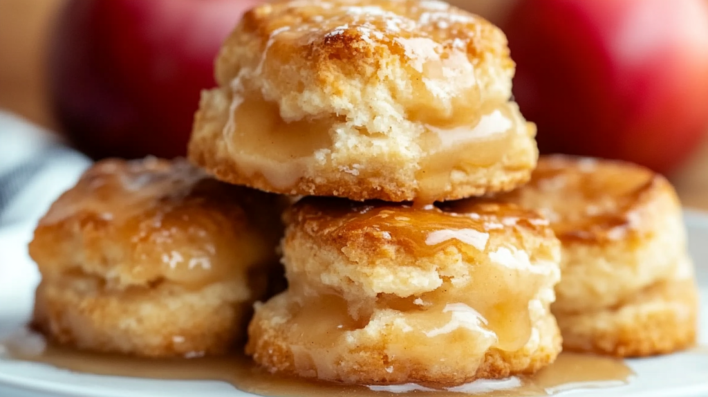 Close-up of stacked apple pie biscuits with flaky layers, caramel glaze dripping down the sides, and red apples visible in the blurred background.