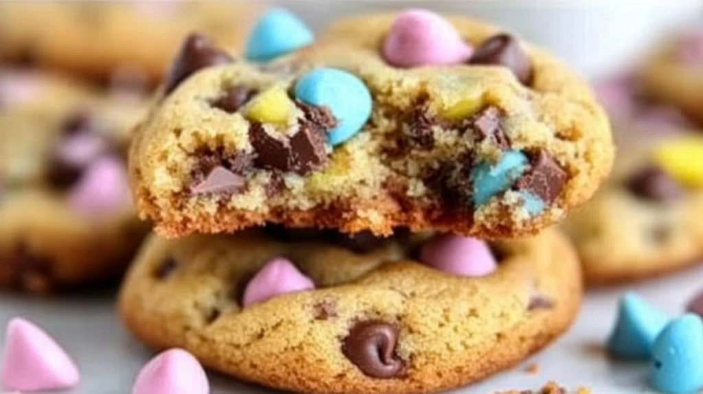 Close-up of a broken Easter chocolate chip cookie showing gooey chocolate chips and colorful pastel mini eggs.