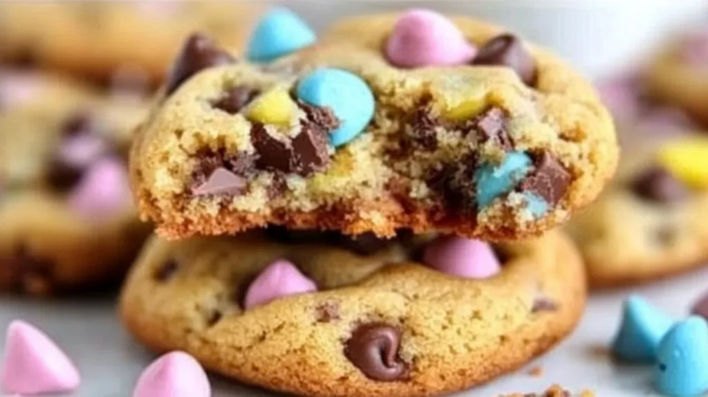 Close-up of a broken Easter chocolate chip cookie showing gooey chocolate chips and colorful pastel mini eggs.