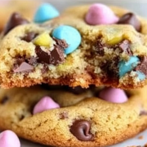 Close-up of a broken Easter chocolate chip cookie showing gooey chocolate chips and colorful pastel mini eggs.