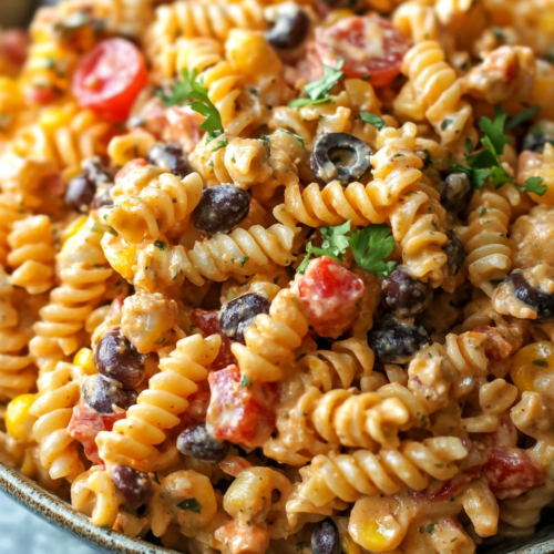 Close-up of creamy ranch taco pasta salad with rotini, black beans, corn, cherry tomatoes, and olives, garnished with fresh parsley.