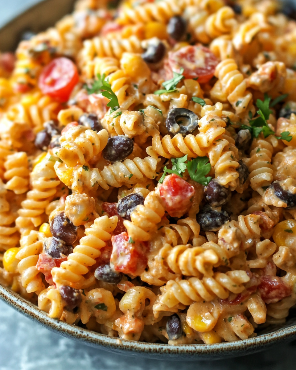 Close-up of creamy ranch taco pasta salad with rotini, black beans, corn, cherry tomatoes, and olives, garnished with fresh parsley.