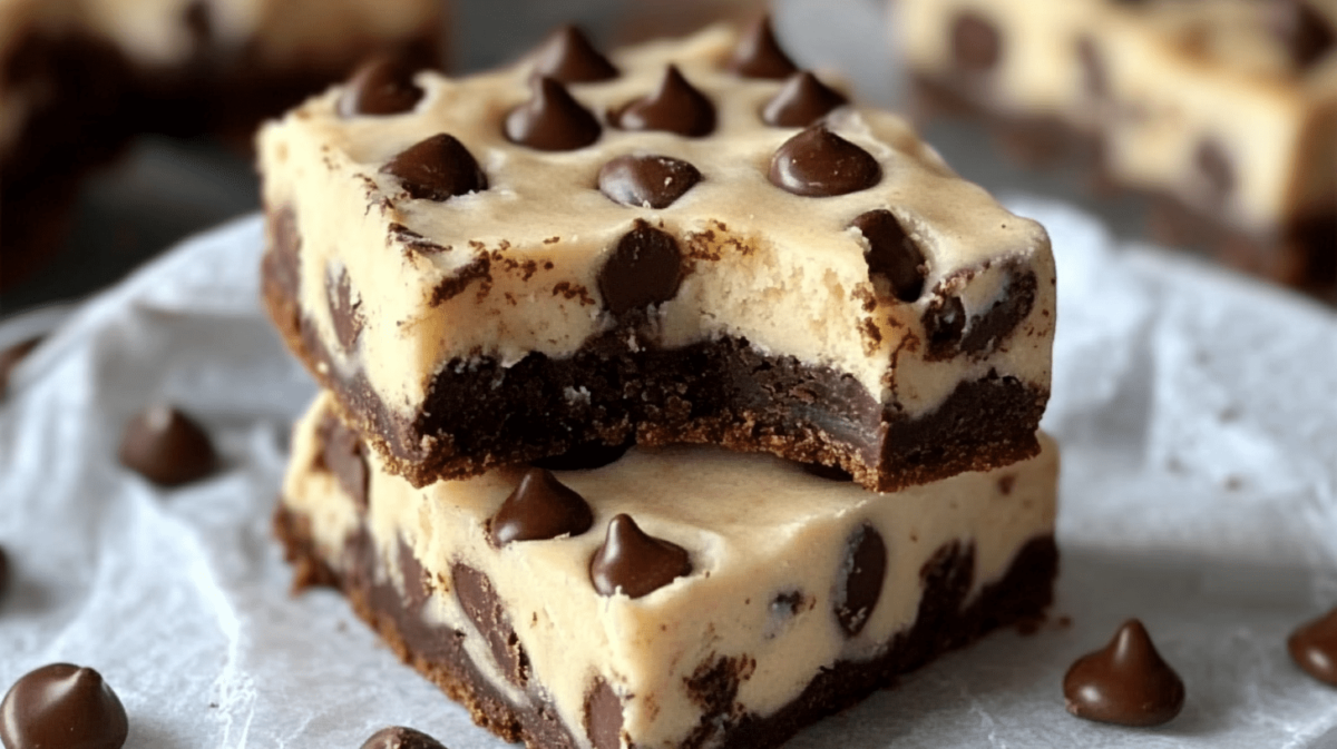 Two-layered cottage cheese cookie dough brownies with chocolate chips stacked on a white plate