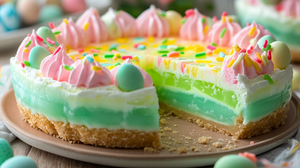 Festive Easter Jell-O Pie with green, yellow, and cream layers on graham cracker crust decorated with pink meringue swirls, pastel egg candies, and colorful sprinkles