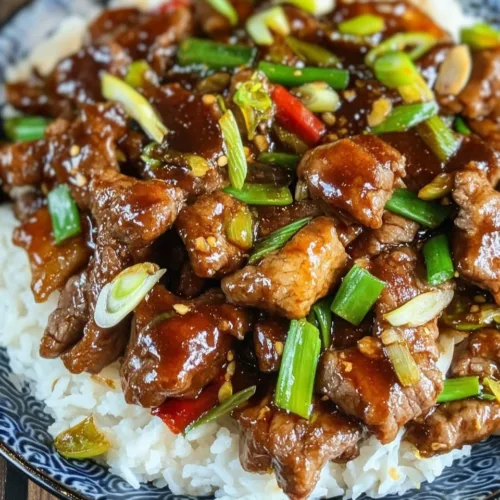 Spicy scallion beef stir-fry served over fluffy white rice in a patterned blue bowl.