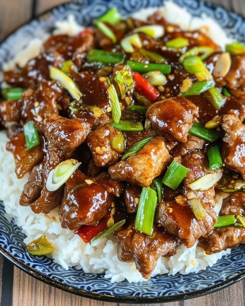 Spicy scallion beef stir-fry served over fluffy white rice in a patterned blue bowl.