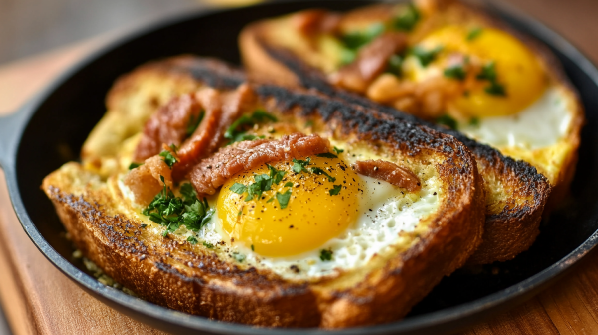 Egg in a basket toast with crispy bacon and fresh herbs served in a cast iron pan.